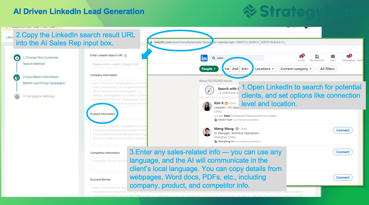 Optimize your B2B sales with StrategyBrain's AI Sales Automation. Discover LinkedIn Lead Generation, Sales Automation Features, and LinkedIn Outreach Tools.